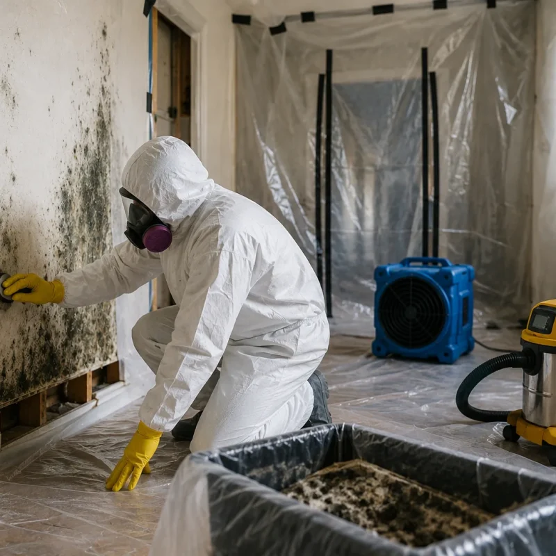 Close-up of a wall with visible mold patches beside a clean, remediated surface and protective gear