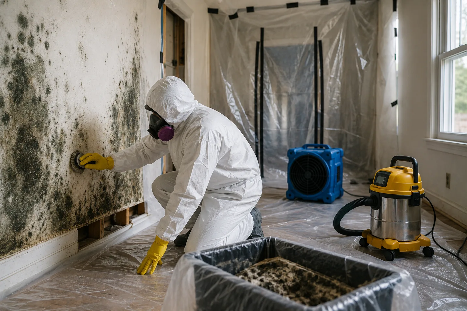 Close-up of a wall with visible mold patches beside a clean, remediated surface and protective gear